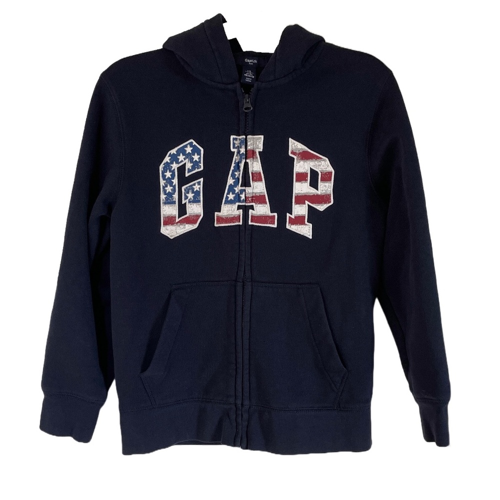GAP Kids Navy Full-Zip Hoodie Sweatshirt with American Flag Logo Size Medium